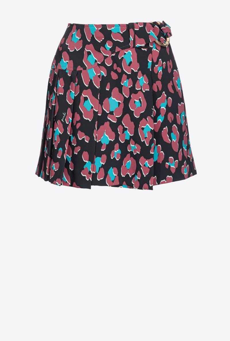 Pinko Animal-print Mini Skirt With Piercing Buckle BLACK/LIGHT GREEN/BURGUNDY | SN-PKO34085