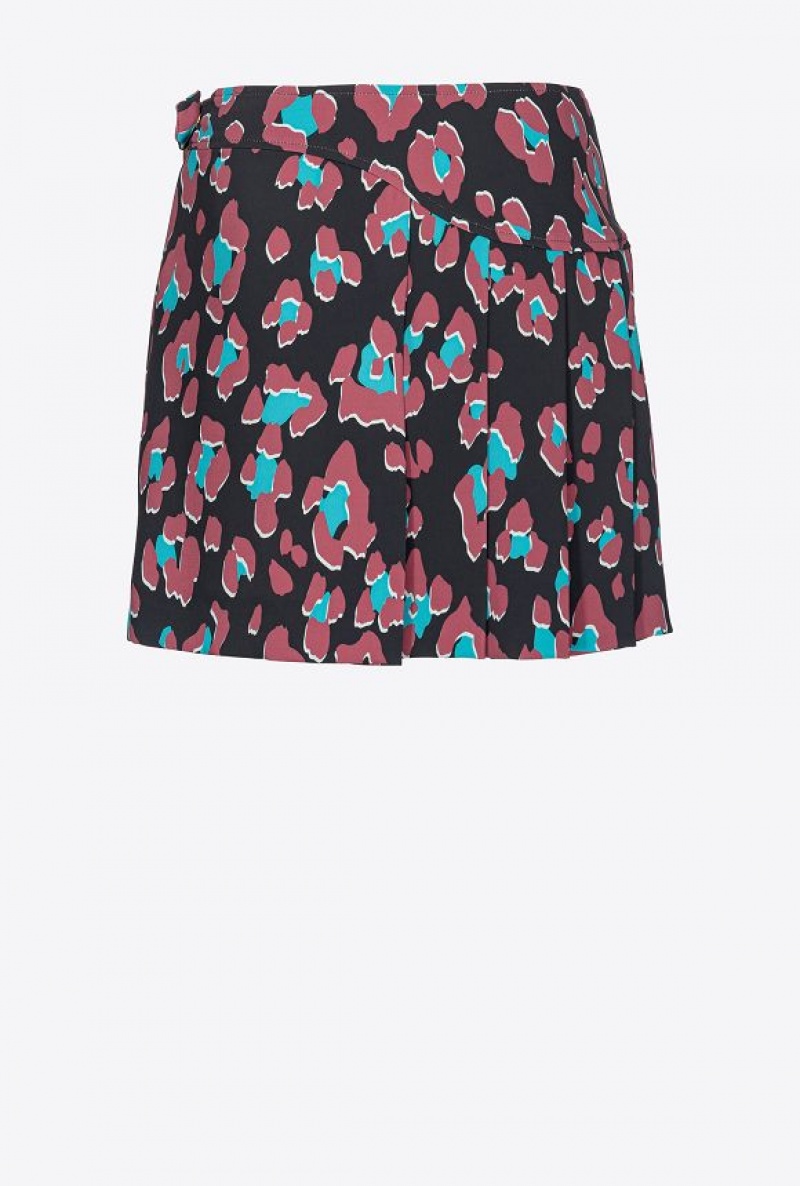 Pinko Animal-print Mini Skirt With Piercing Buckle BLACK/LIGHT GREEN/BURGUNDY | SN-PKO34085