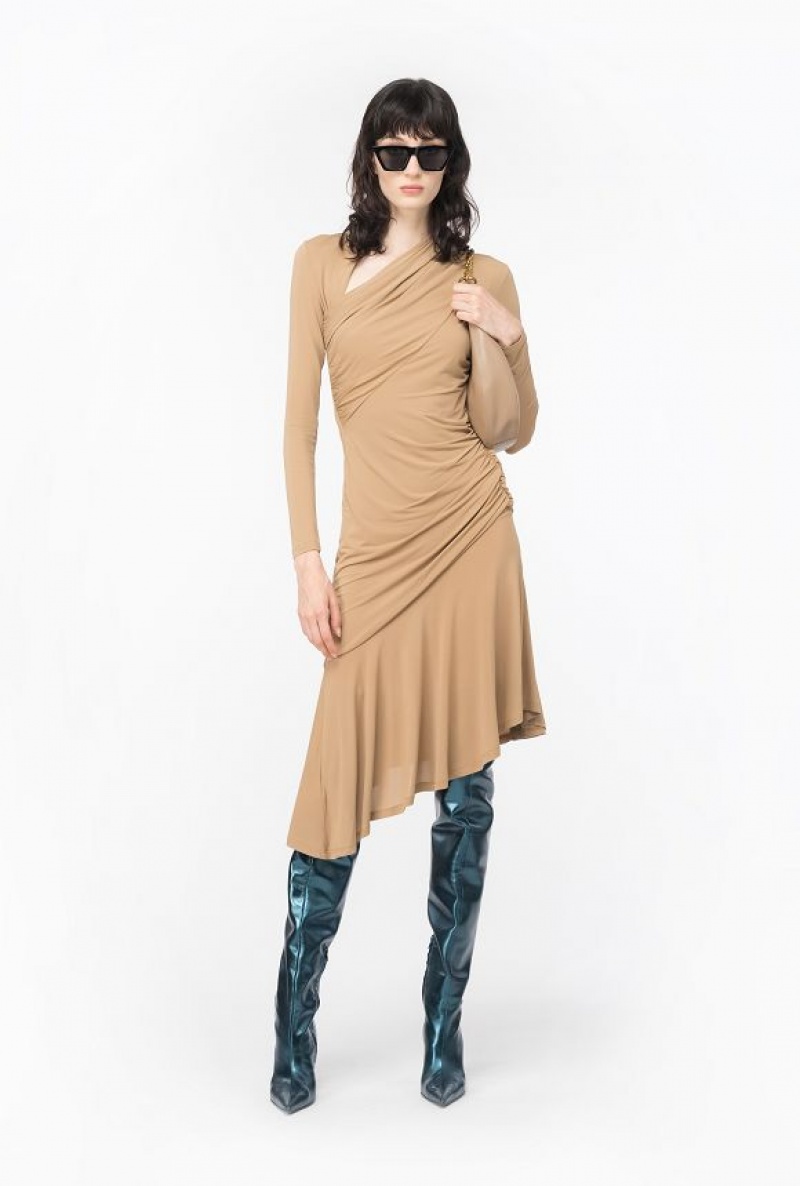 Pinko Asymmetric Midi Dress DARK LATTE | SN-PKO33114