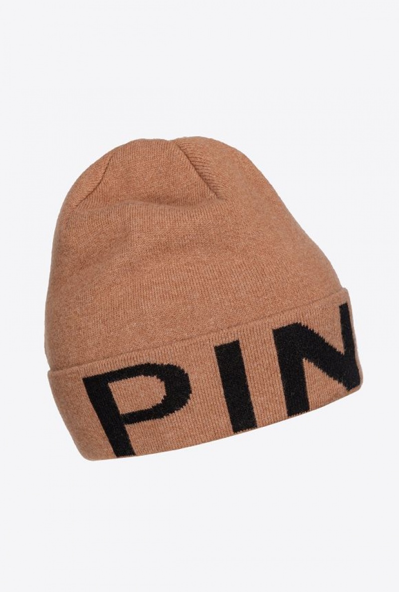 Pinko Beanie With Large Logo CAMEL/BLACK | SN-PKO34363