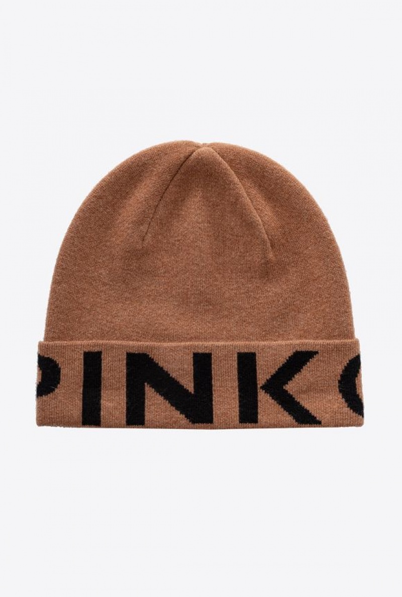 Pinko Beanie With Large Logo CAMEL/BLACK | SN-PKO34363