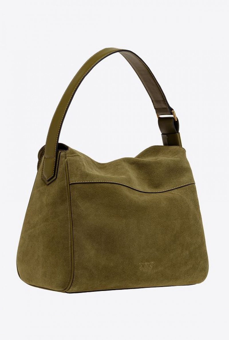 Pinko Big Leaf Bag Hobo In Suede FIR GREEN-ANTIQUE GOLD | SN-PKO32635