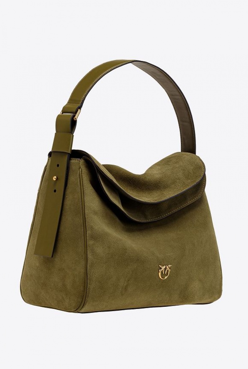 Pinko Big Leaf Bag Hobo In Suede FIR GREEN-ANTIQUE GOLD | SN-PKO32635