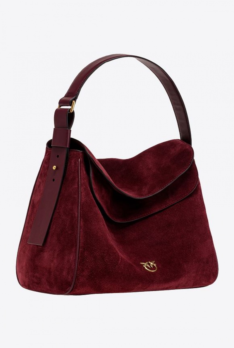 Pinko Big Leaf Bag Hobo In Suede INTENSE BERRY-ANTIQUE GOLD | SN-PKO32849