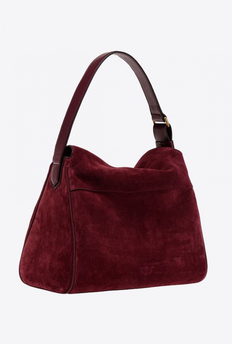 Pinko Big Leaf Bag Hobo In Suede INTENSE BERRY-ANTIQUE GOLD | SN-PKO32381