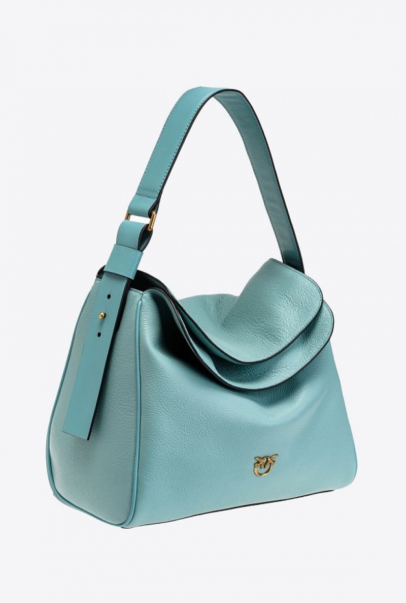 Pinko Big Leaf Bag Hobo In Tumbled Leather SEA BLUE-ANTIQUE GOLD | SN-PKO32391