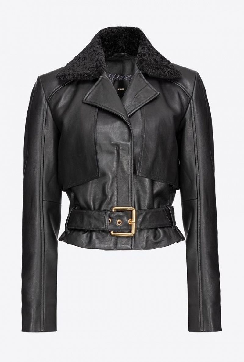 Pinko Biker Jacket With Faux Sheepskin Collar LIMO BLACK | SN-PKO33597