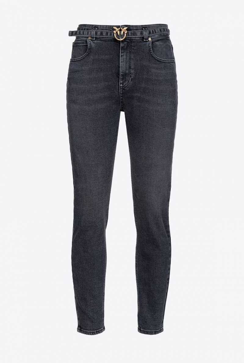 Pinko Black Stretch Denim Skinny Jeans With Belt DARK BLACK DIRTY WASH | SN-PKO34008