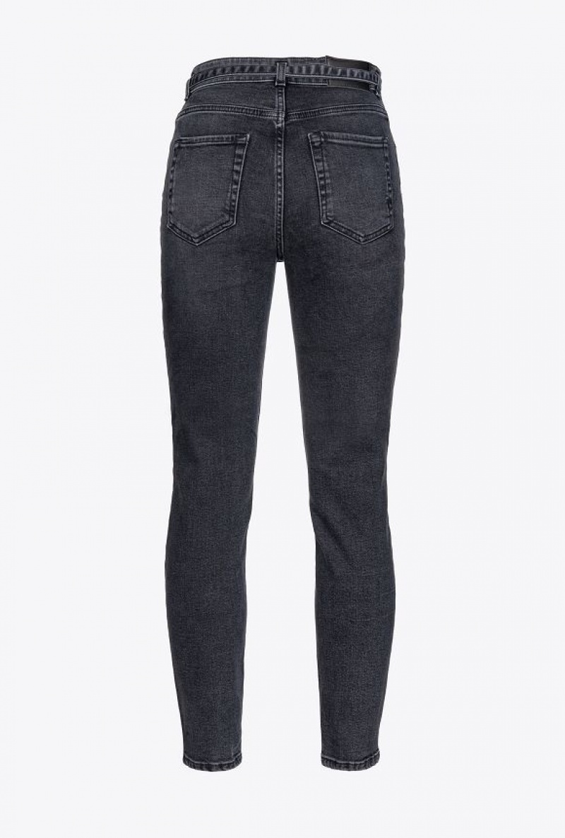 Pinko Black Stretch Denim Skinny Jeans With Belt DARK BLACK DIRTY WASH | SN-PKO34008