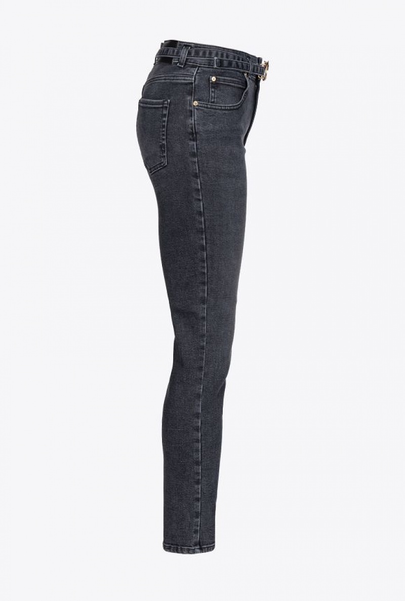 Pinko Black Stretch Denim Skinny Jeans With Belt DARK BLACK DIRTY WASH | SN-PKO34008