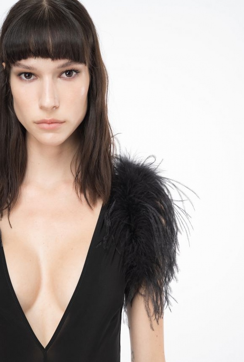 Pinko Bodysuit With Feathers LIMO BLACK | SN-PKO33217