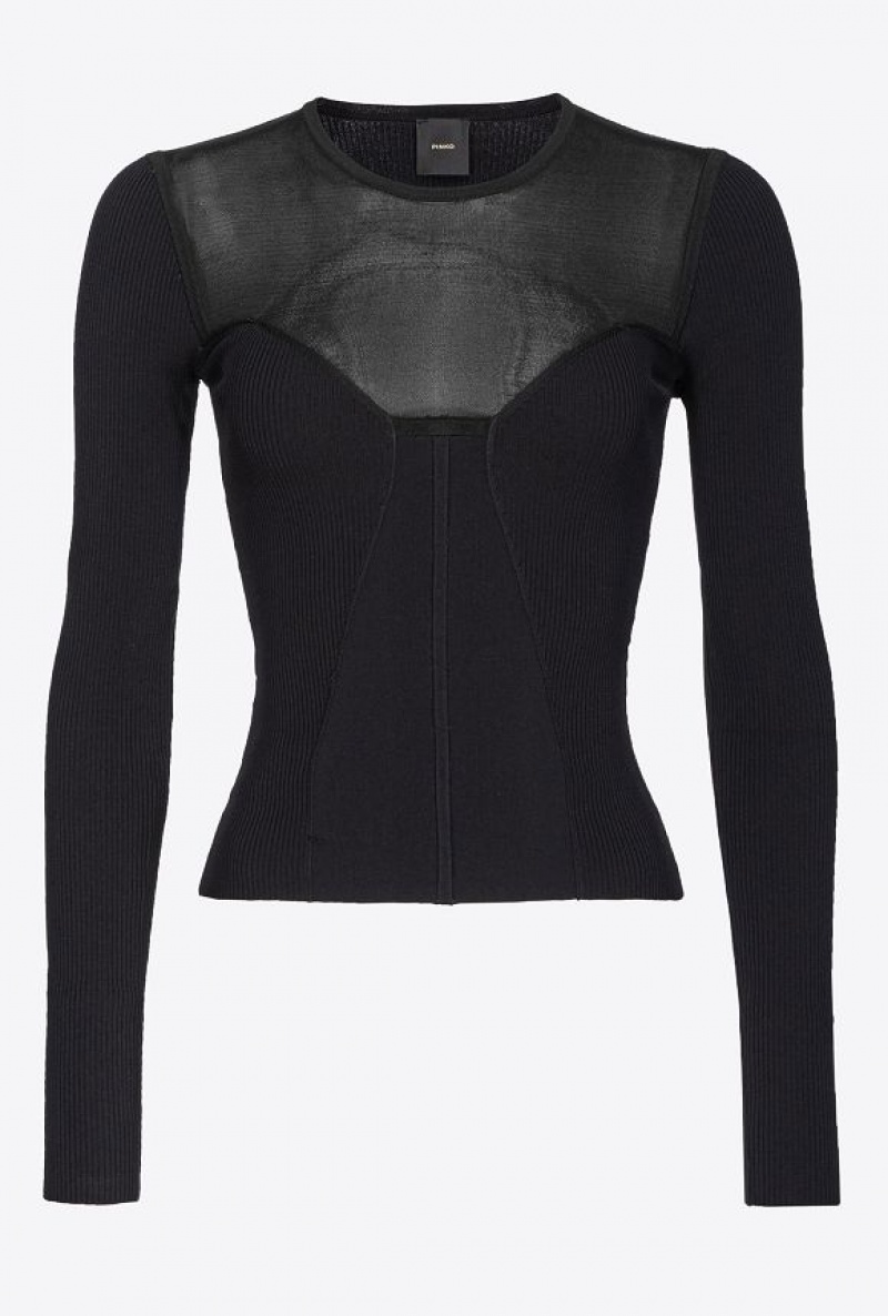 Pinko Bustier-style Sweater With Sheer Details LIMO BLACK | SN-PKO33556