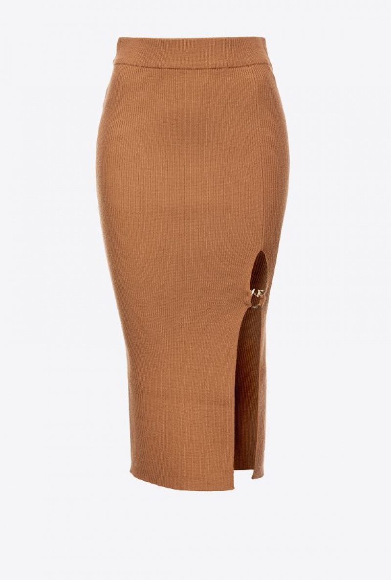 Pinko Calf-length Wool Skirt With Love Birds Buckle BRAN BROWN | SN-PKO33872