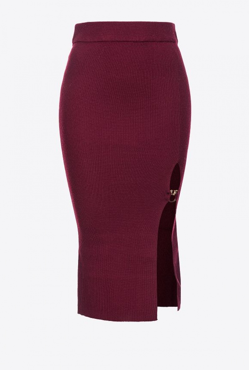 Pinko Calf-length Wool Skirt With Love Birds Buckle BURGUNDY-PORT ROYALE | SN-PKO34072