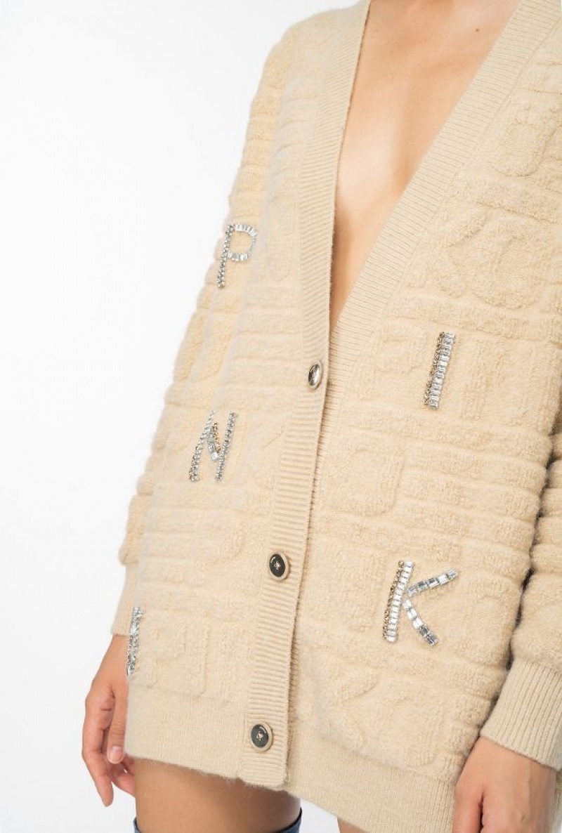 Pinko Cardigan With 3d Rhinestone Logo BEIGE-NOUGAT | SN-PKO33550