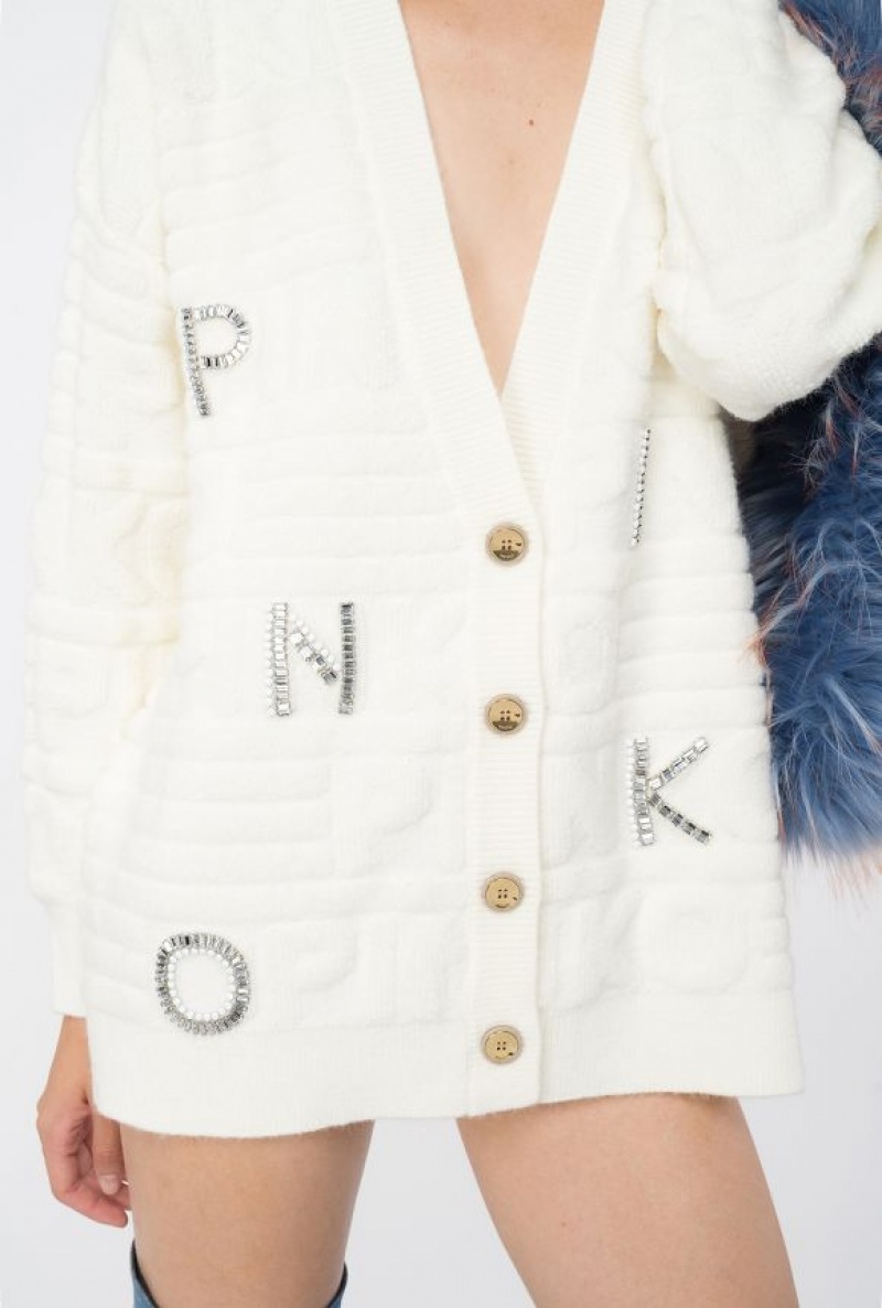 Pinko Cardigan With 3d Rhinestone Logo VANILLA ICE-CREAM WHITE | SN-PKO33551