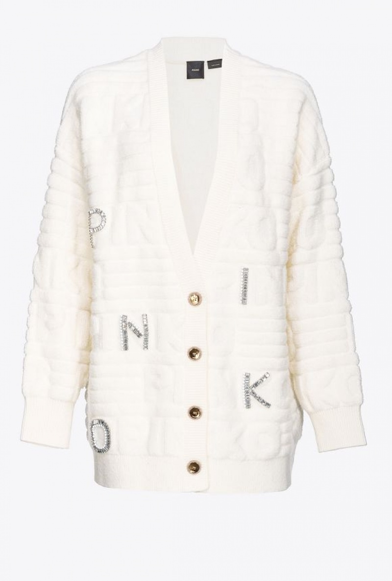 Pinko Cardigan With 3d Rhinestone Logo VANILLA ICE-CREAM WHITE | SN-PKO33551