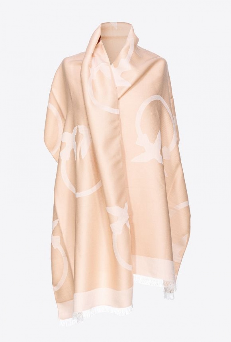 Pinko Cashmere Scarf With Large Love Birds Detail LIGHT WHITE COFFEE | SN-PKO34392