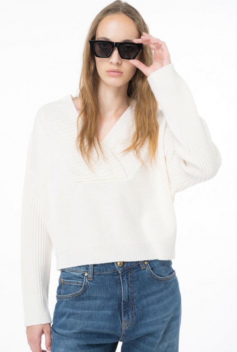 Pinko Cashmere-blend V-neck Pullover SWAN WHITE | SN-PKO33416