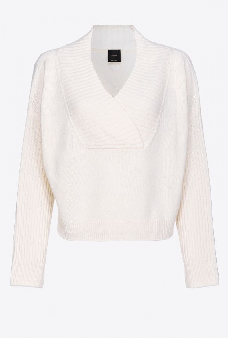 Pinko Cashmere-blend V-neck Pullover SWAN WHITE | SN-PKO33416