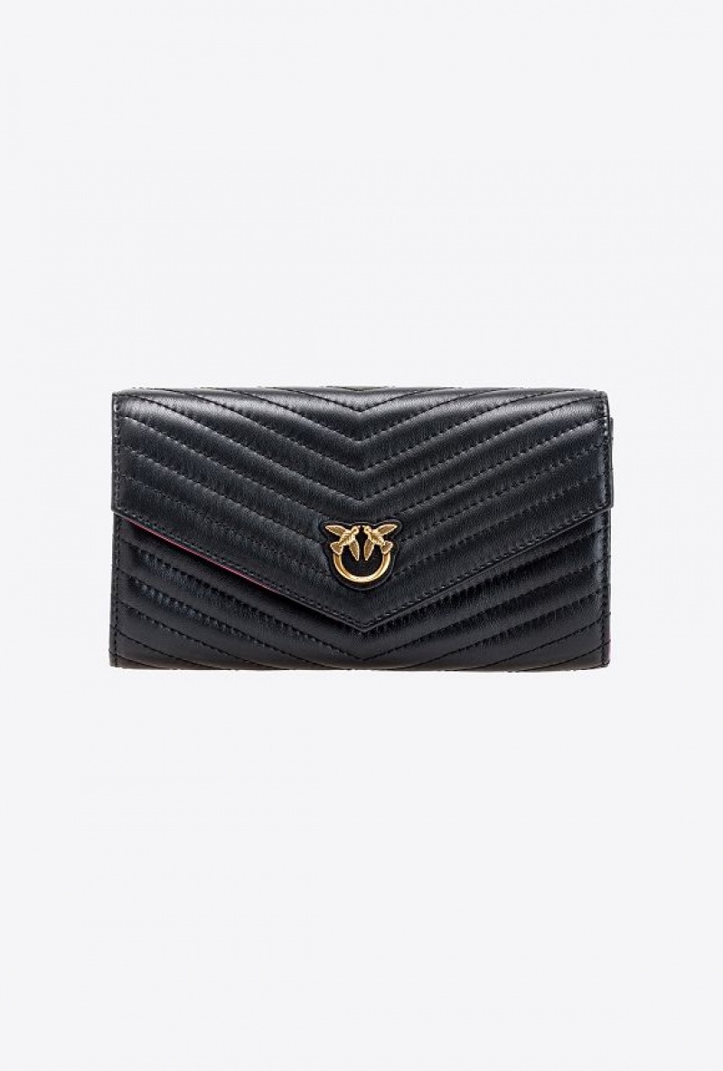 Pinko Chevron Nappa Leather Wallet BLACK-ANTIQUE GOLD | SN-PKO34260