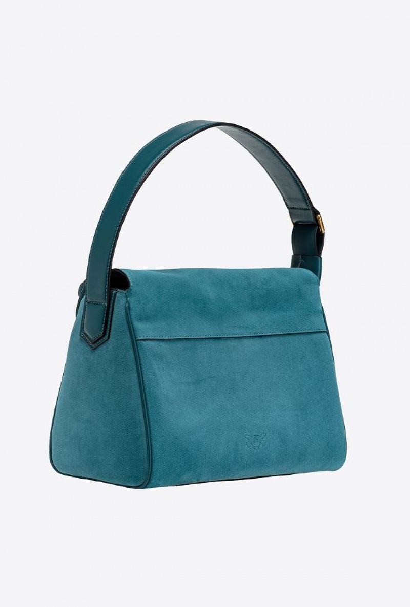 Pinko Classic Leaf Bag Hobo In Suede PACIFIC BLUE-ANTIQUE GOLD | SN-PKO32850