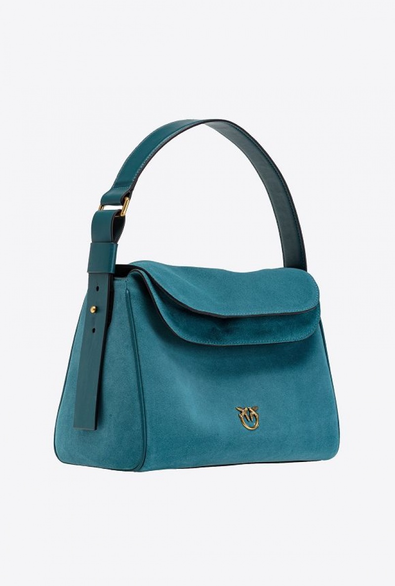 Pinko Classic Leaf Bag Hobo In Suede PACIFIC BLUE-ANTIQUE GOLD | SN-PKO32850