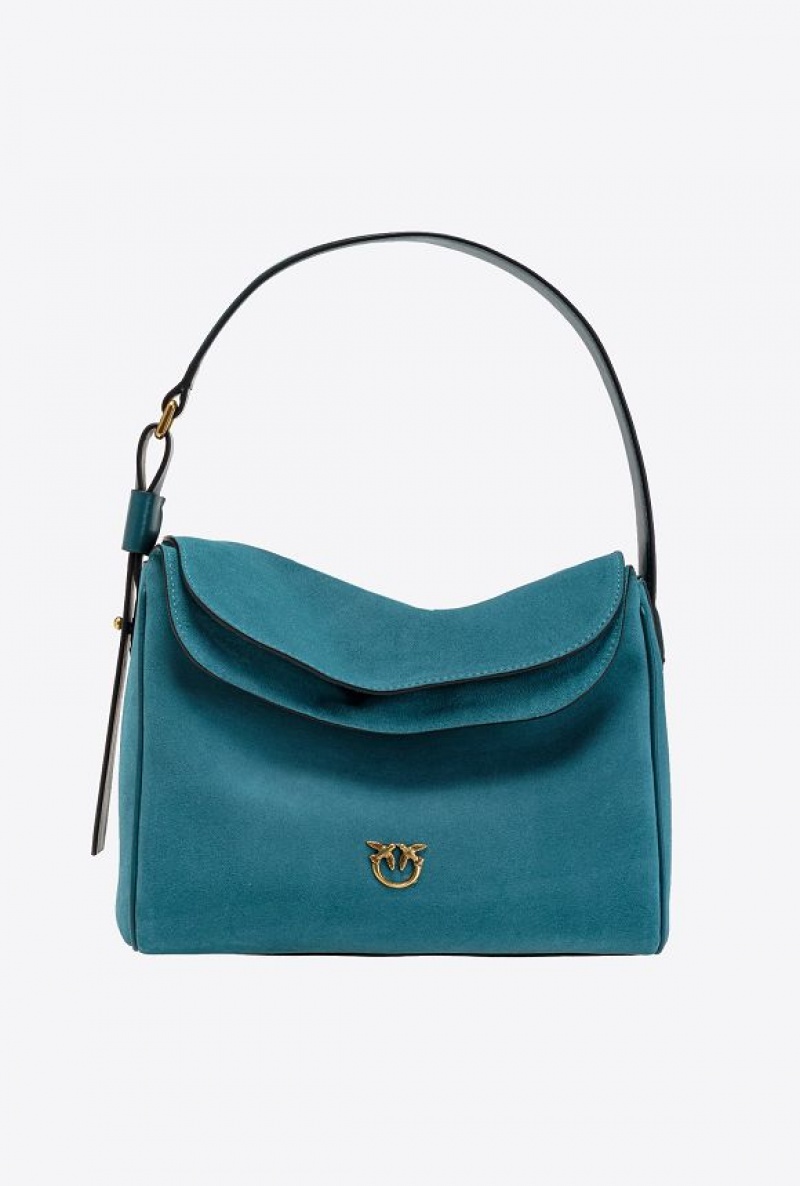 Pinko Classic Leaf Bag Hobo In Suede PACIFIC BLUE-ANTIQUE GOLD | SN-PKO32850