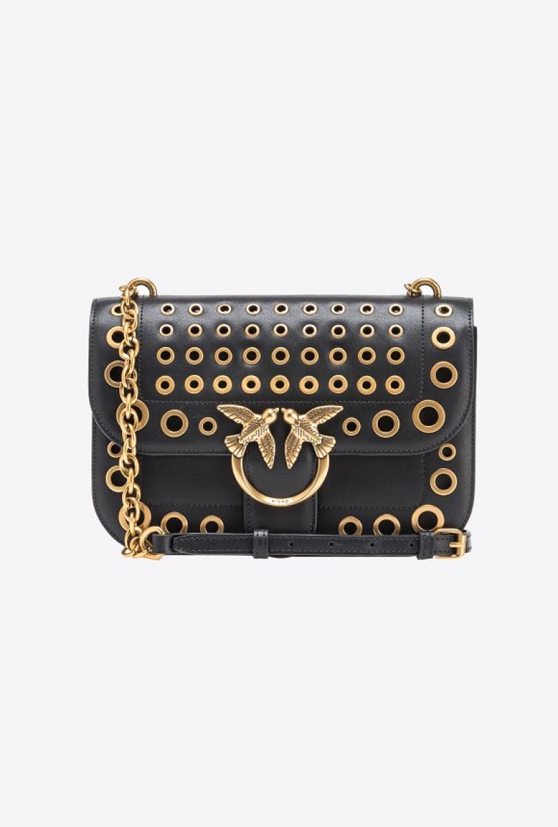 Pinko Classic Love Bag Bell With Metal Eyelets BLACK-ANTIQUE GOLD | SN-PKO32549