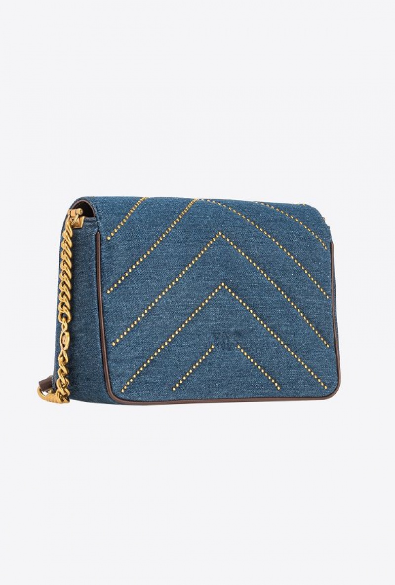 Pinko Classic Love Bag Click Denim With Studs BLUE DENIM-ANTIQUE GOLD | SN-PKO32544