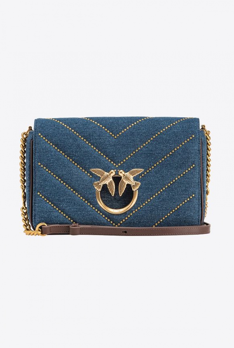 Pinko Classic Love Bag Click Denim With Studs BLUE DENIM-ANTIQUE GOLD | SN-PKO32544