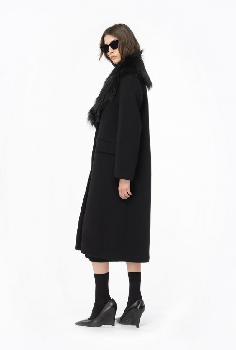 Pinko Coat With Faux Fur Collar LIMO BLACK | SN-PKO33657