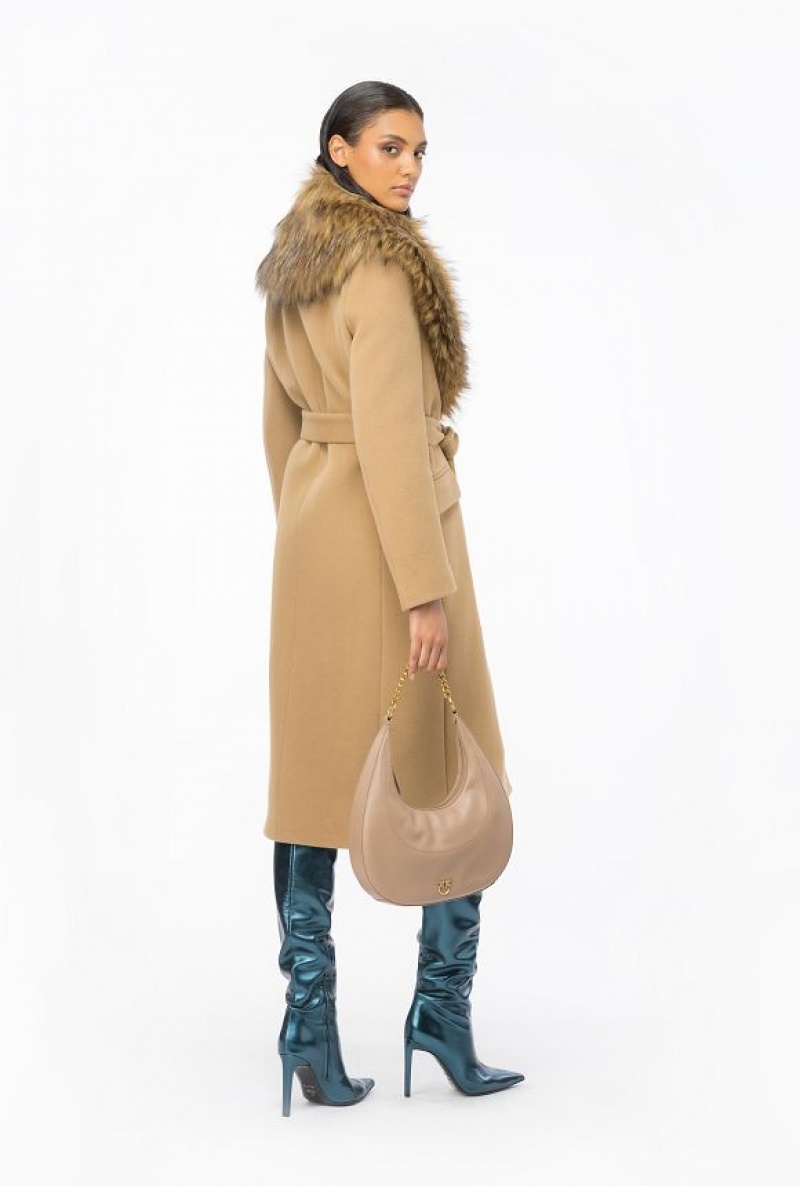 Pinko Coat With Faux Fur Collar MOCHA CAMEL | SN-PKO33658