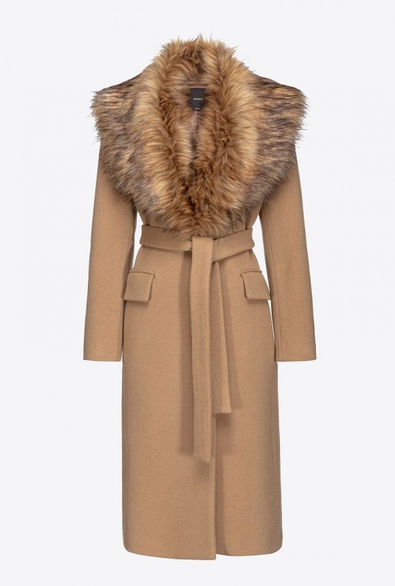 Pinko Coat With Faux Fur Collar MOCHA CAMEL | SN-PKO33658