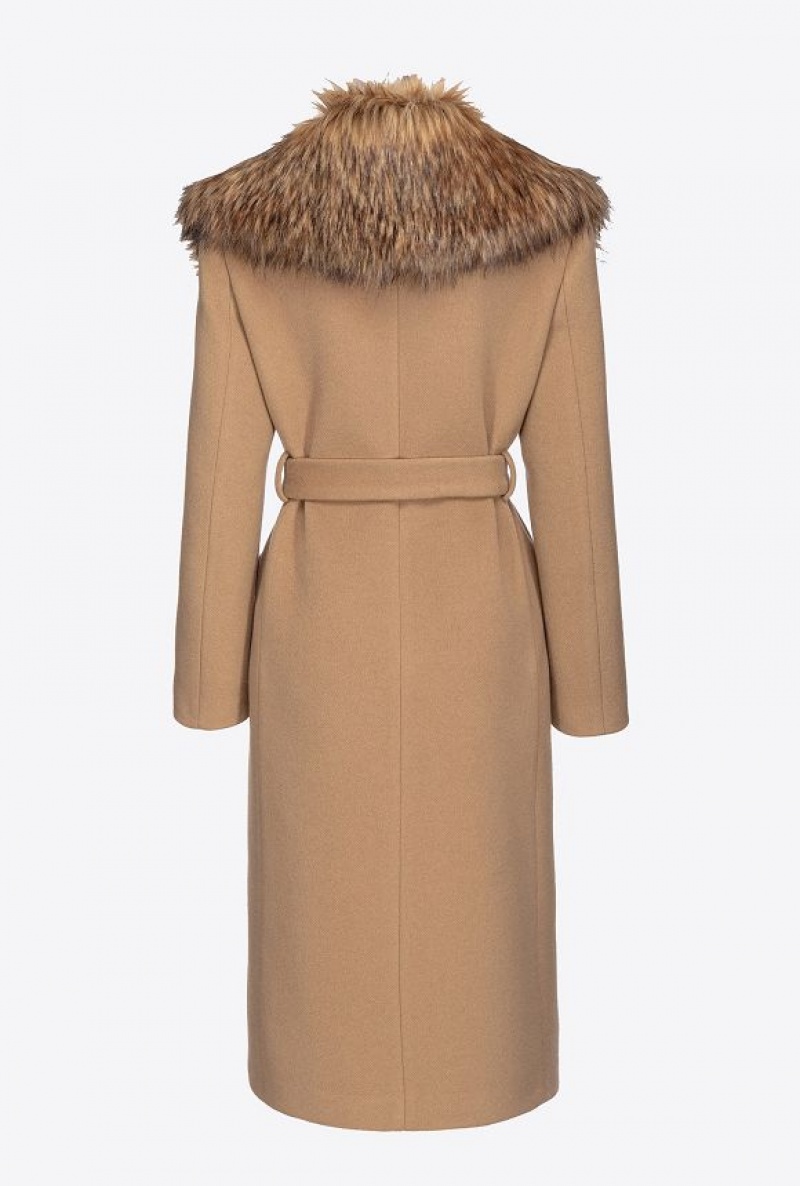 Pinko Coat With Faux Fur Collar MOCHA CAMEL | SN-PKO33658