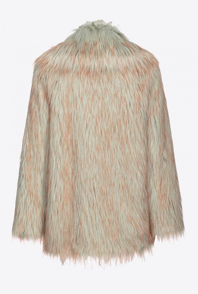 Pinko Coloured Fox Fur-effect Pea Coat GREEN/ORANGE | SN-PKO33583