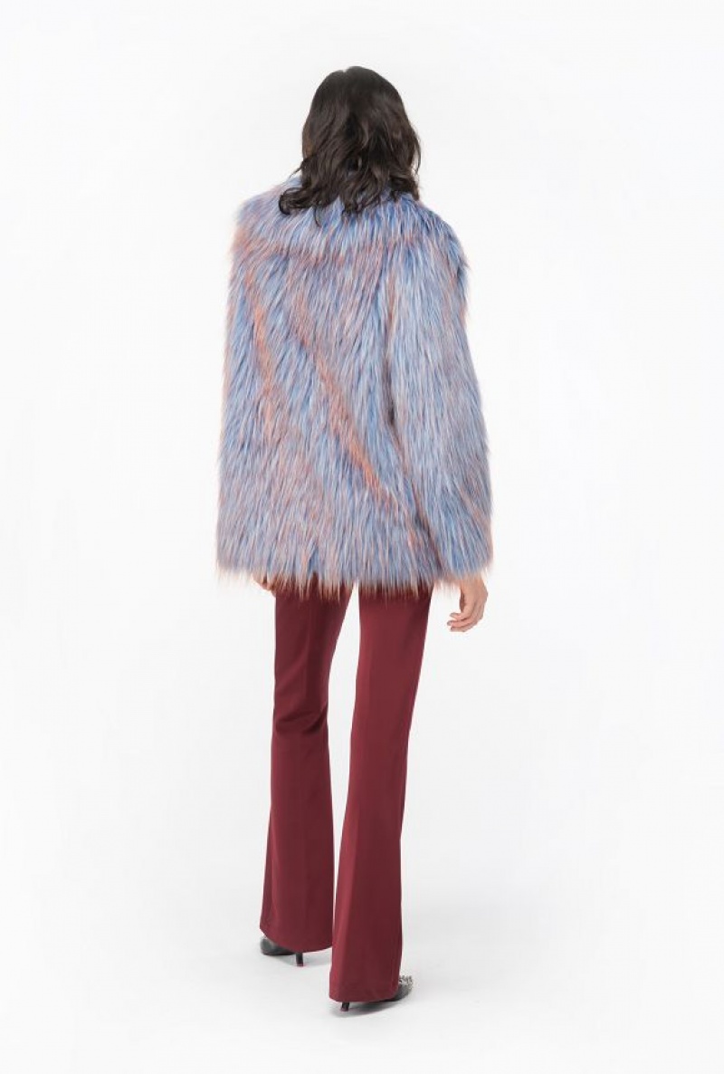 Pinko Coloured Fox Fur-effect Pea Coat LIGHT BLUE/ORANGE | SN-PKO33672