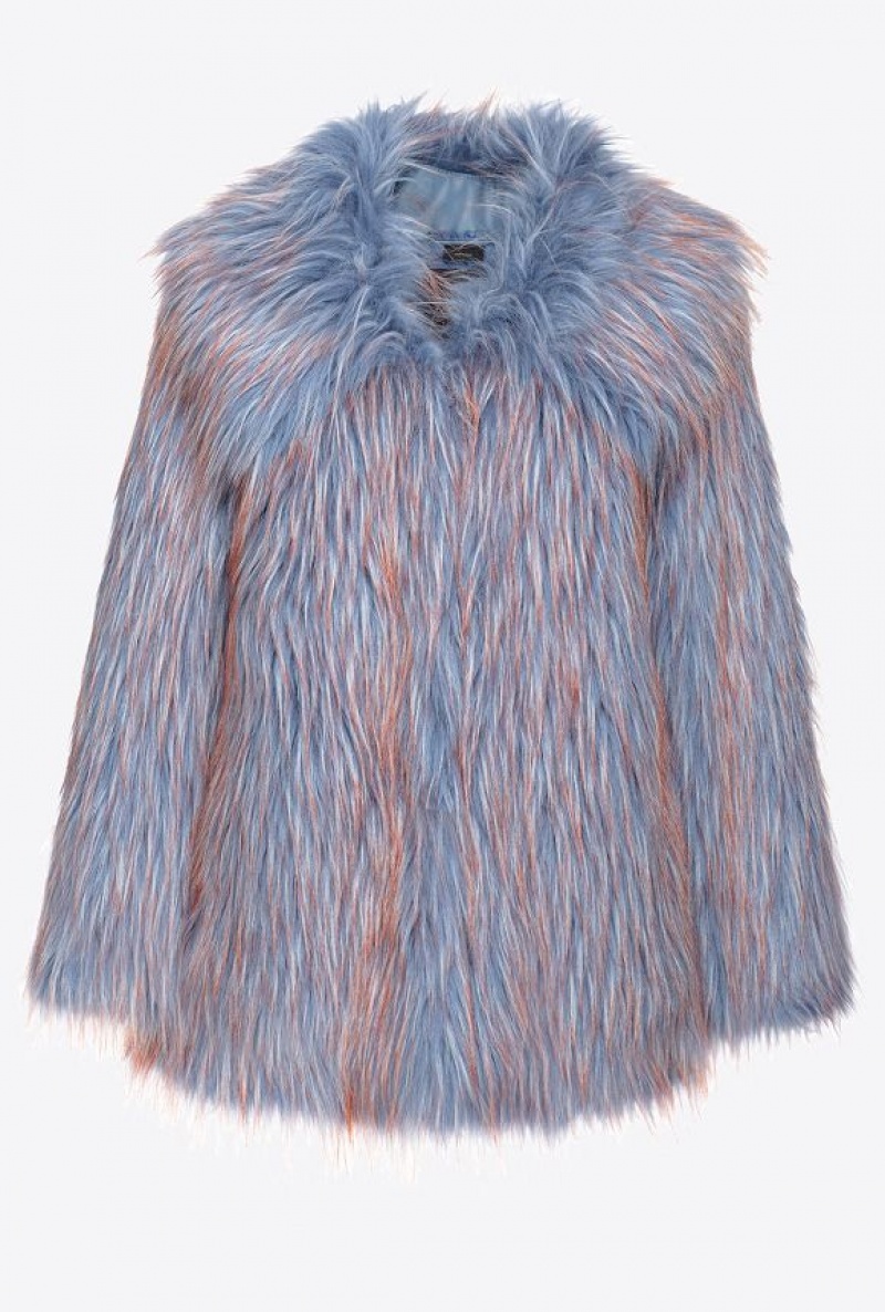 Pinko Coloured Fox Fur-effect Pea Coat LIGHT BLUE/ORANGE | SN-PKO33672