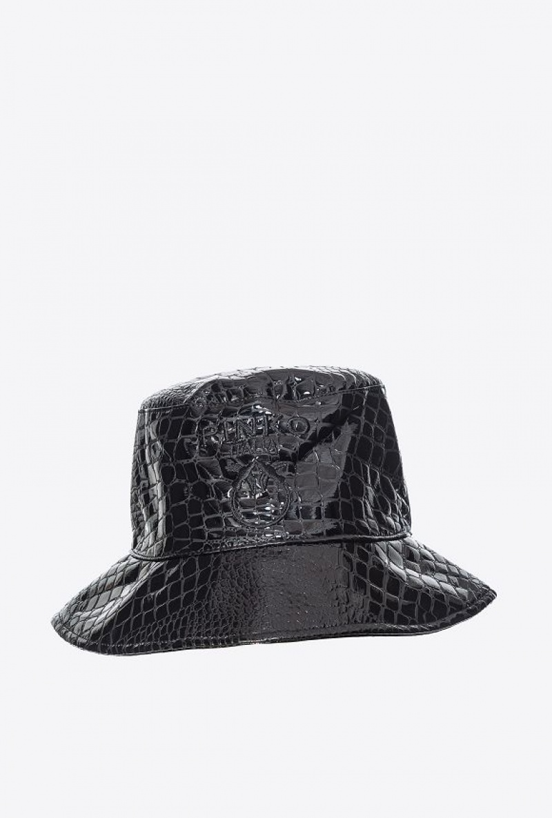 Pinko Croc Print Patent Leather Bucket Hat LIMO BLACK | SN-PKO34366