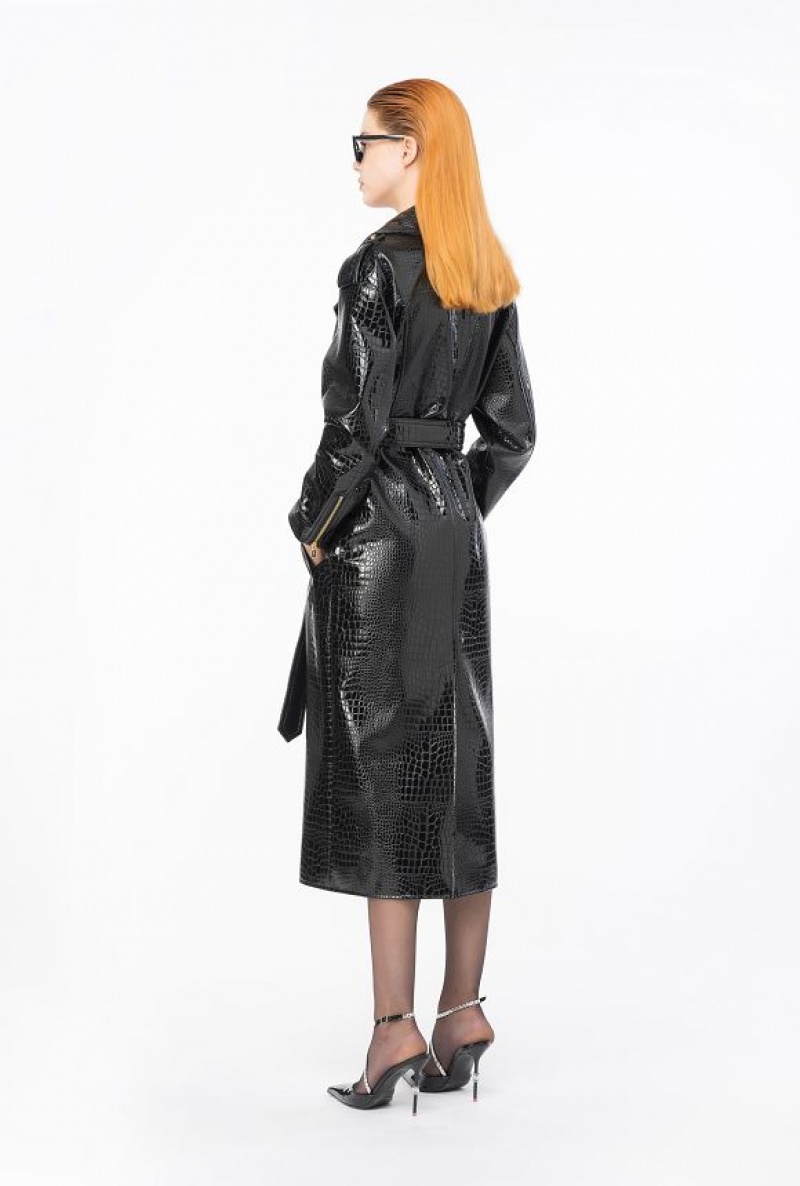 Pinko Crocodile-print Trench Coat LIMO BLACK | SN-PKO33600