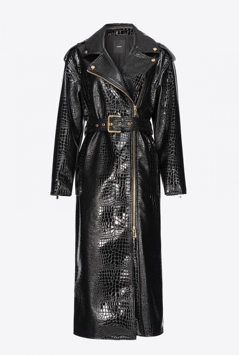 Pinko Crocodile-print Trench Coat LIMO BLACK | SN-PKO33600