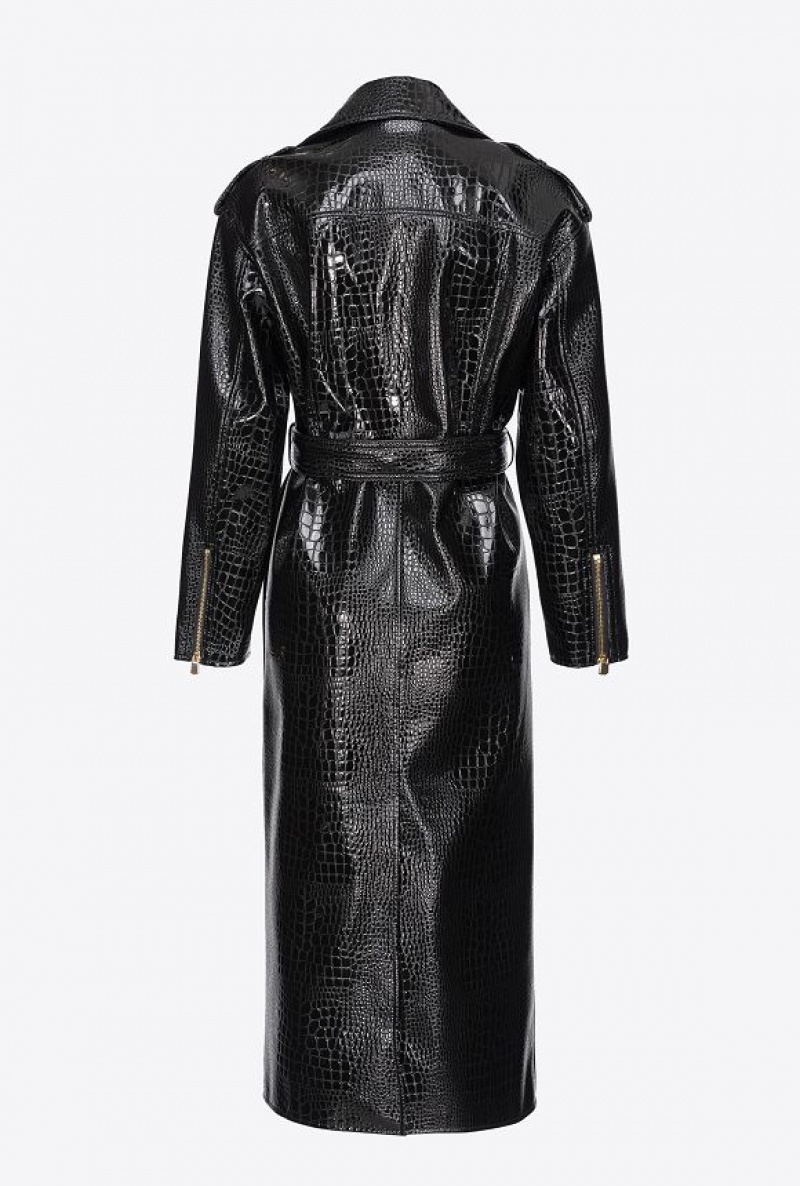 Pinko Crocodile-print Trench Coat LIMO BLACK | SN-PKO33600