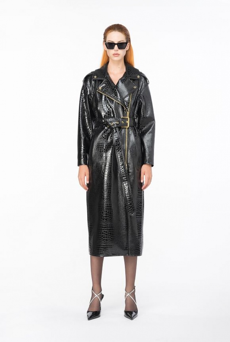 Pinko Crocodile-print Trench Coat LIMO BLACK | SN-PKO33600