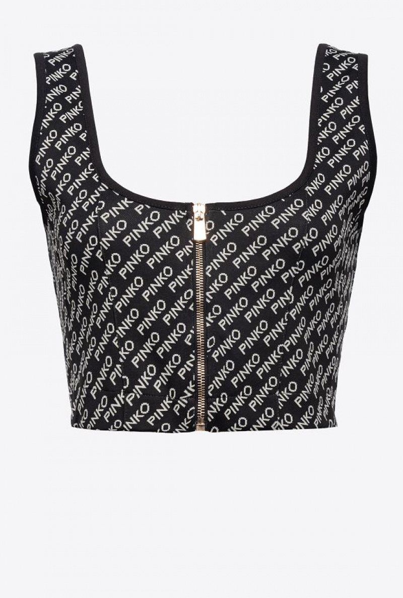 Pinko Crop Top With Logo Detail BLACK/IVORY | SN-PKO33294