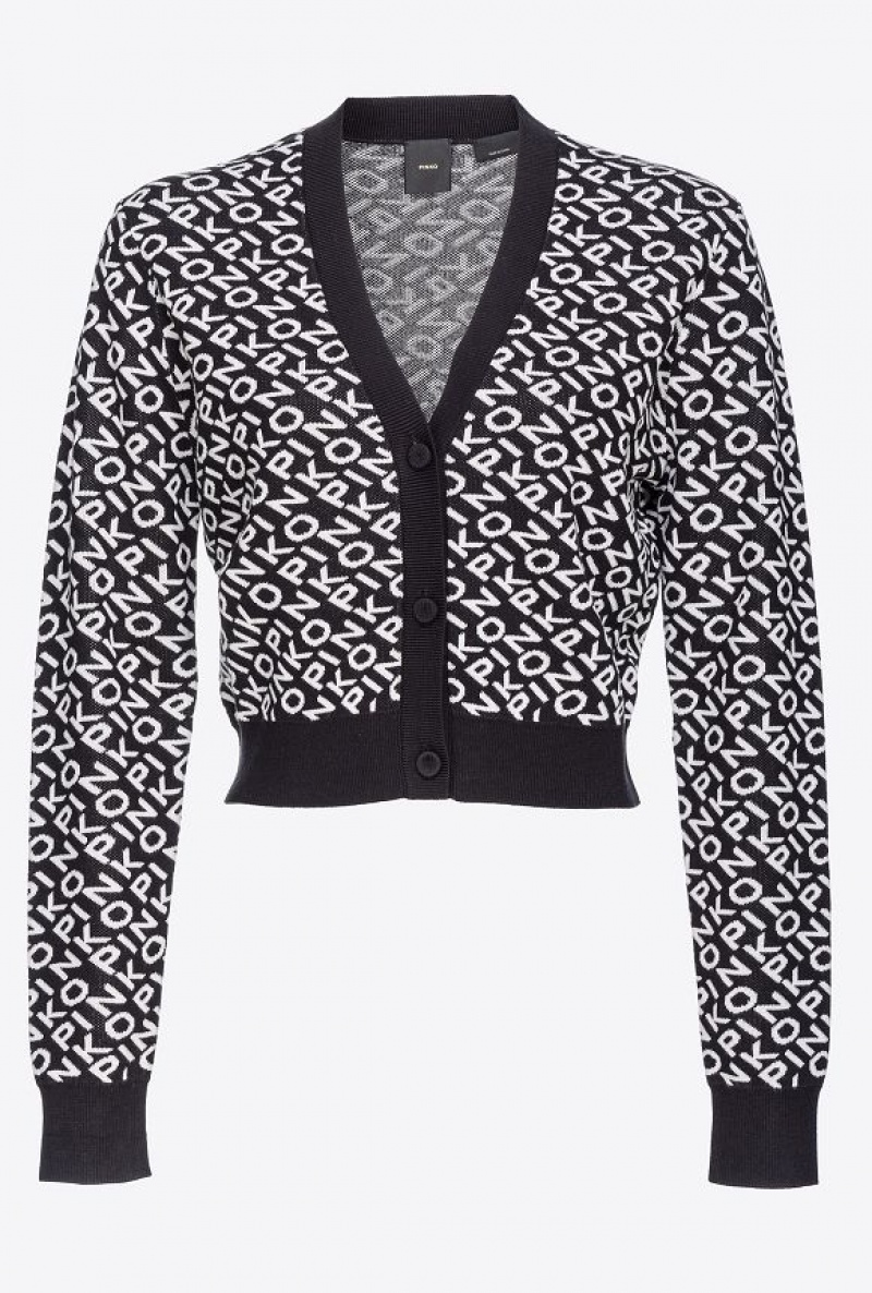 Pinko Cropped Jacquard Logo Cardigan BLACK/IVORY | SN-PKO33443