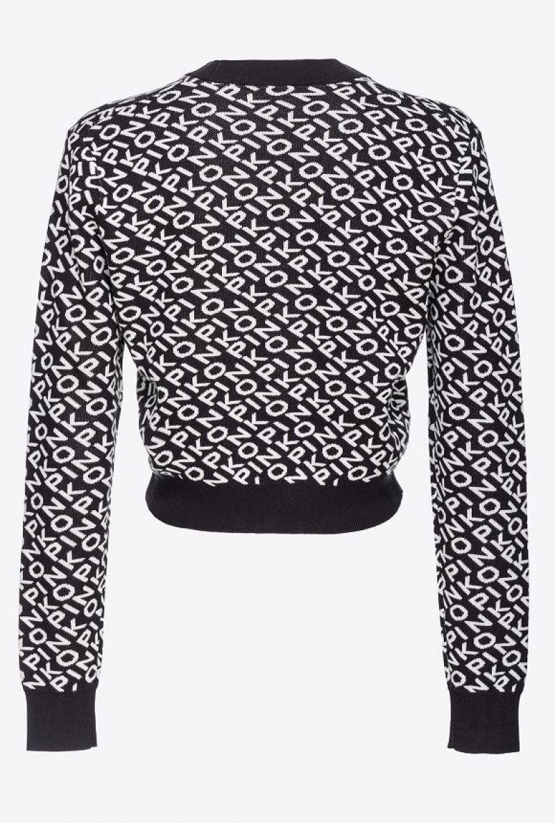 Pinko Cropped Jacquard Logo Cardigan BLACK/IVORY | SN-PKO33443