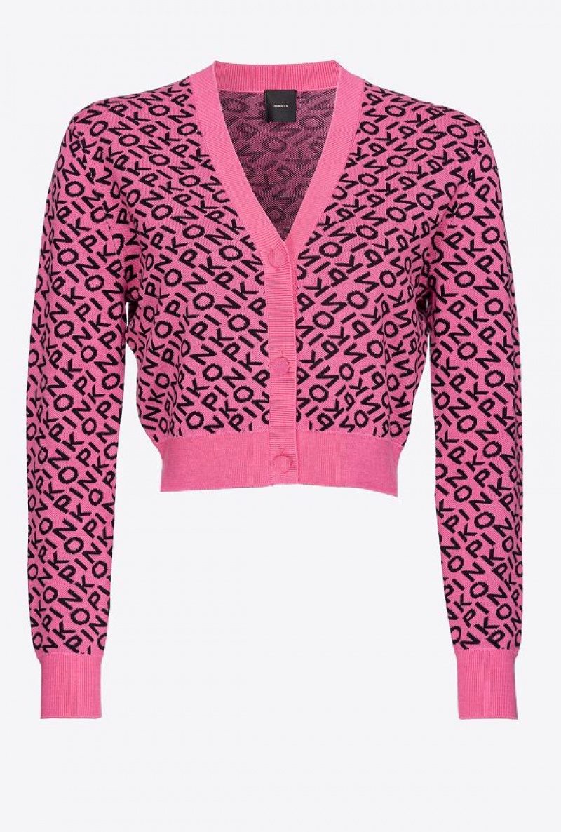 Pinko Cropped Jacquard Logo Cardigan PINK/BLACK | SN-PKO33565