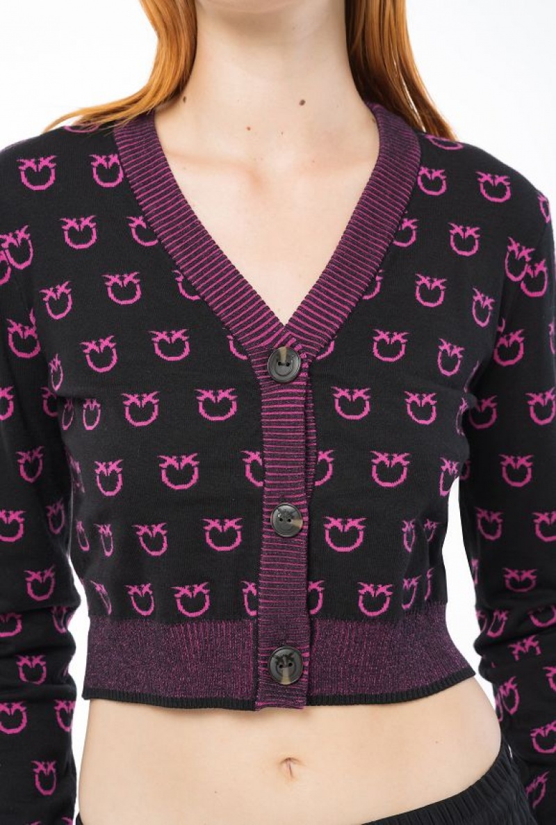 Pinko Cropped Logo Jacquard Cardigan BLACK/FUCHSIA | SN-PKO33475