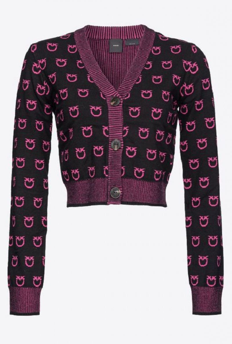 Pinko Cropped Logo Jacquard Cardigan BLACK/FUCHSIA | SN-PKO33832