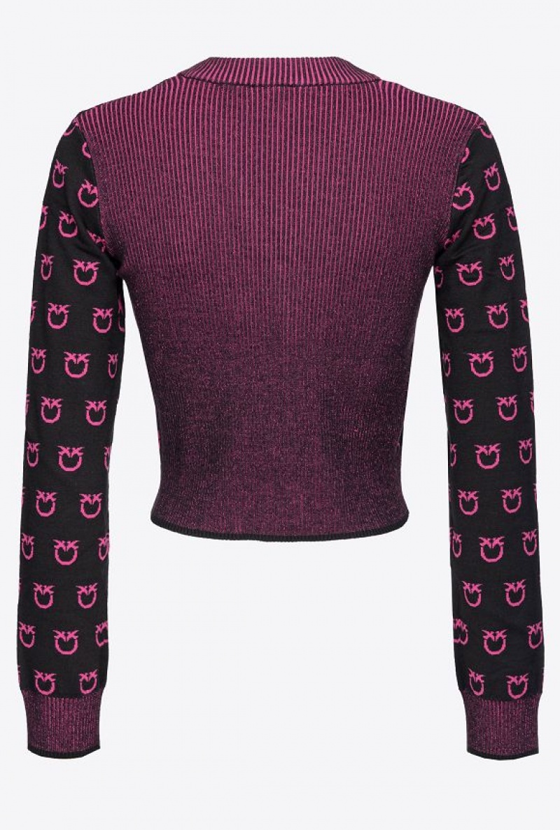 Pinko Cropped Logo Jacquard Cardigan BLACK/FUCHSIA | SN-PKO33832